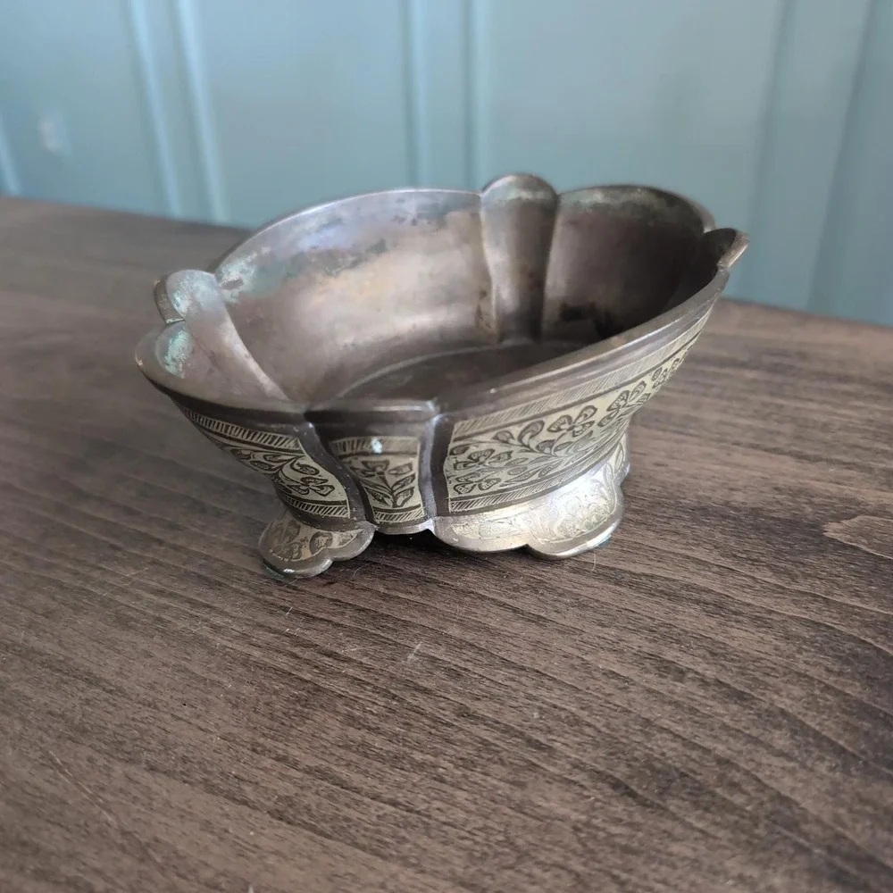 Vintage Etched Brass Footed Bowl Floral Scalloped Made in India Trinket Dish